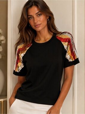 NetWork Black Multicolor Sequin Embellished Statement Top XS